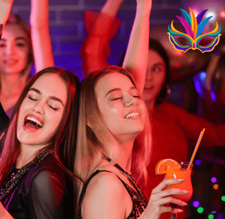 a group of people dancing around in a party