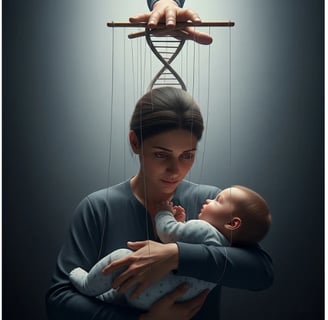 parent holding a baby with subtle puppet strings controlled by a DNA strand, humorously depicting parental love