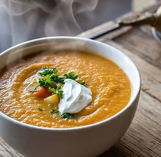 a bowl of soup with a dollop of sour cream