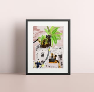 Framed artwork showing men installing palm trees