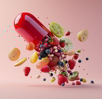 Een grote pil die openbarst er waar alleemaal vers fruit uit komt vallen