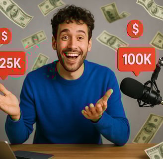 Illustration of a happy YouTube creator in front of a screen with floating dollars, symbolizing fast monetization and passive
