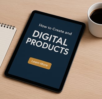 Tablet with "Digital Products" on screen, coffee and notepad nearby