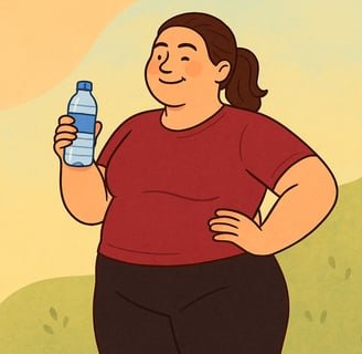 Cartoon of a plus-size woman in workout clothes holding a water bottle, symbolizing hydration and weight loss