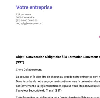 Modele de convocation pour une formation obligatoire SST