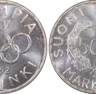Helsingin 1952 olympiaraha – etusivulla olympiarenkaat ja kisojen tunnus, takasivulla seppele ja 500