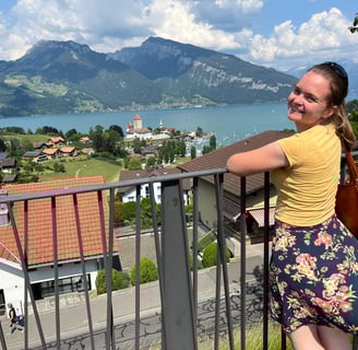 Corinne from Hidden Switzerland Travel looking out over Spiez