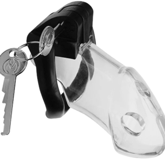a picture of a clear male chastity cage with a black ring and metal keys on a clear background