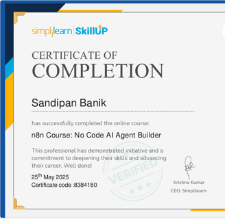 n8n AI Agent Builder - Certificate - Sandipan Banik - www.sandipanbanik.com