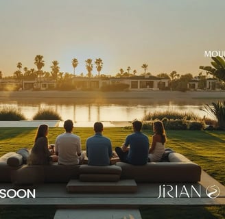 مجموعة أصدقاء تجلس أمام منظر نهري طبيعي في مشروع جريان – جريان × Mountain View
