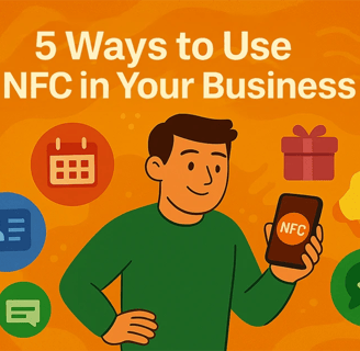 Business owner using NFC tag with smartphone to boost customer interaction in Cedar Rapids.