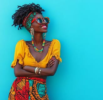 a woman with a bright yellow top and a bright blue background