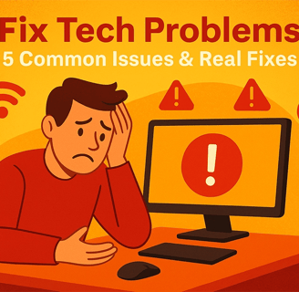 Frustrated man in red shirt at desk with error symbols on screen needing tech help in Cedar Rapids.
