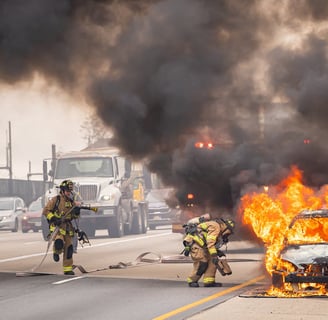 a firefighter standing in front of a car that is on fire
