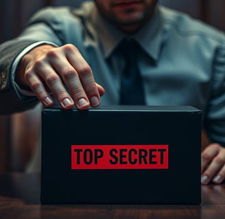 Homem bem vestido ao fundo, com a mão sobre uma caixa preta, com faixa vermelha escrito "TOP SECRET"