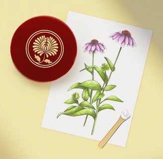 Card featuring an hand-drawn coneflower botanical illustration next to a small red round box on a yellow background