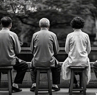 Chinese meditating on stools in the early 1900s