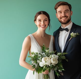 a bride and groom standing in front of a green wall