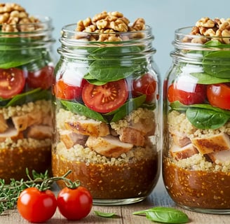 Mason jar salad with chicken, quinoa, spinach, tomatoes, and walnuts.