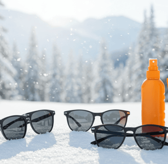 a bottle of sunblocker and sunglasses on a snowy day