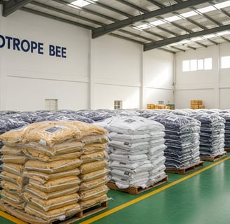 Heliotrope Bee warehouse with bulk orders of beekeeping suits.