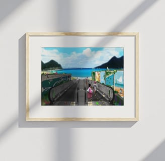 Framed print of Anse Marcel escalator scene with beach view
