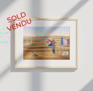 Framed print of a desert scene with SXM border monument