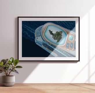 Digital illustration of a luxury cruise ship with the island of St. Martin floating inside a central