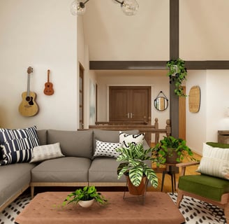 a living room with a couch and a guitar
