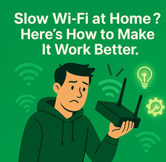 Frustrated man holding Wi-Fi router with weak signal icons and green tech help background in Cedar Rapids.