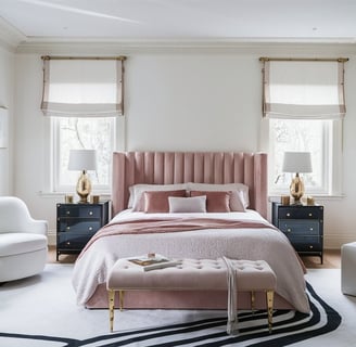 a bedroom with a pink bed and a white chair
