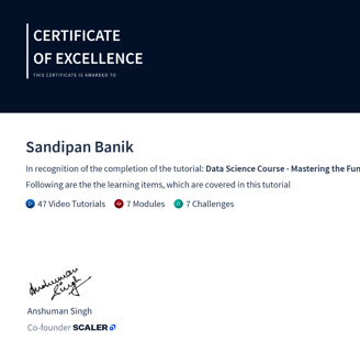 Data Science - Mastering the Fundamentals - Certificate from Scaler - Sandipan Banik