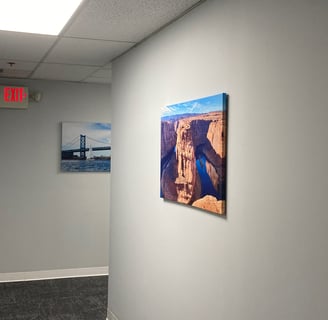 Office Hallway with grand canyon wall art and ben franklin bridge wall art  horseshoe bend