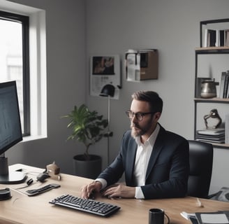 a man sitting at a desk with a computer monitor and a laptop