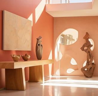 an elegant bohemian entrance with vase and sculpture / entrée bohème élégante avec vase et sculpture