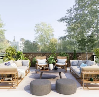 a patio with a couch and a table
