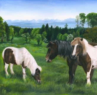 a painting of three ponies grazing in a field with varied trees and mountains