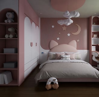 a bedroom with a bed and a teddy bear