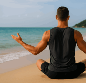 Rick Silvia sitting on a beach in a yoga pose