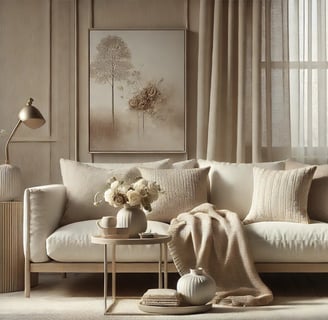 <img src="Sala de estar decorada com sofá em tons neutros, manta texturizada, almofadas decorativas,