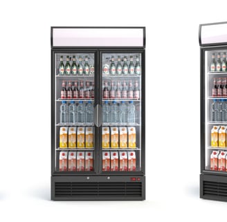 a refrigerator with two glass doors and a refrigerator