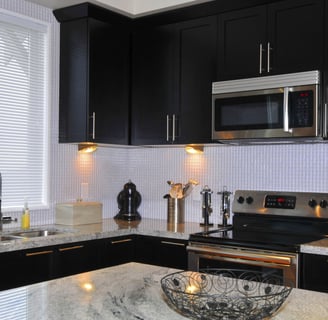 a kitchen with a bowl of food and a bowl of food