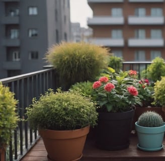 Petit balcon urbain décoré avec de nombreuses plantes en pots, , idéal pour un jardin de balcon
