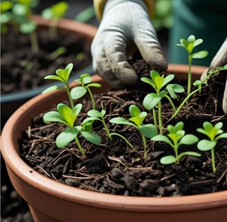 Mains gantées en train d’appliquer du paillage organique autour de jeunes plants dans un pot