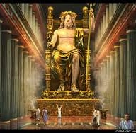 Estátua colossal de Zeus em Olímpia, uma das 7 Maravilhas do Mundo Antigo, feita de ouro e marfim.