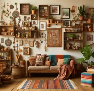 a Bohemian-style room featuring floating shelves decorated with small art pieces, framed photos, and decorative objects