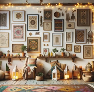 Bohemian-style room with a gallery wall adorned with string lights draped around the edges and decorative lanterns