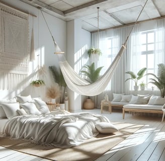 bright bohemian bedroom with hammock