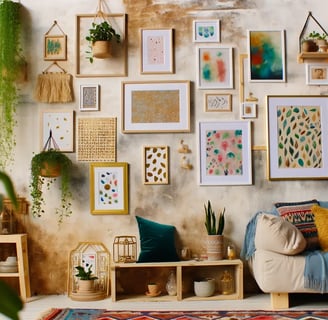 white, gold, and natural wood frames in a gallery wall