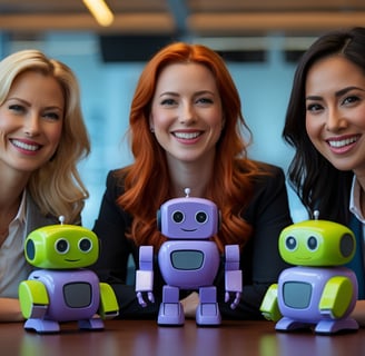 three women sitting at a table with cute ai chatbot robots